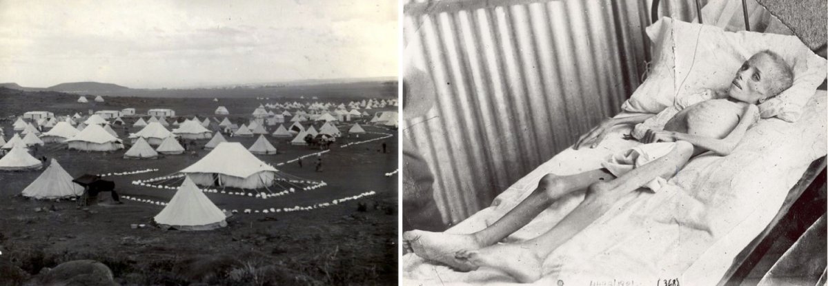 On the left, Tents in the Bloemfontein concentration camp for Boer women and children around 1900. On the right, Lizzie van Zyl, a Boer child who died in the Bloemfontein concentration camp