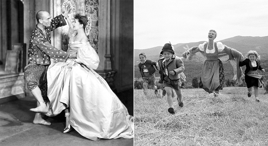 A promotional still from the 1951 Broadway production of The King and I (left) and a promotional still from the 1959 Broadway production of The Sound of Music (right).