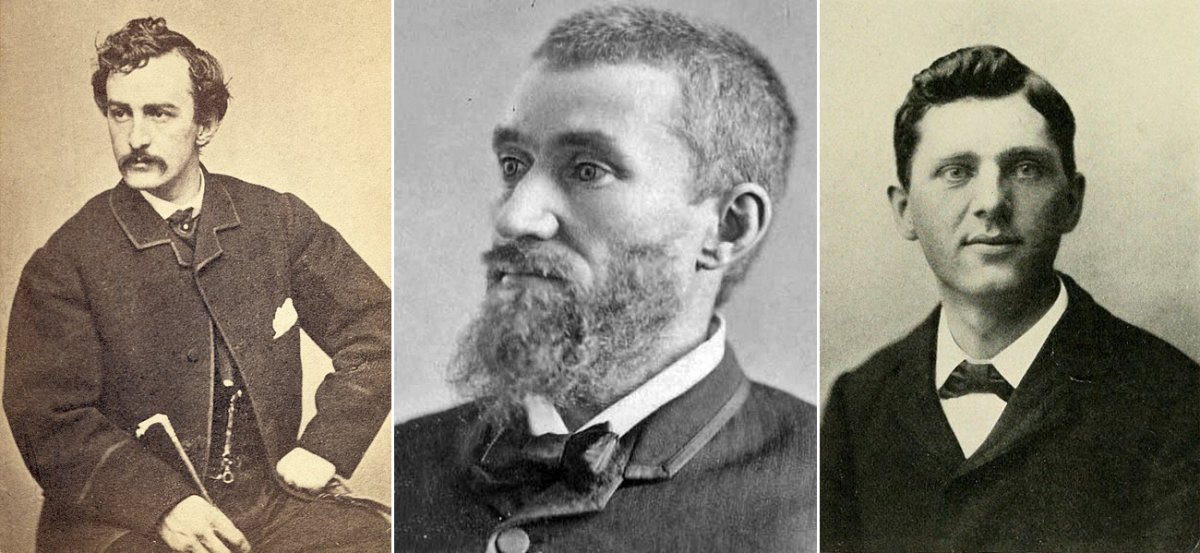 Three of the four successful presidential assassins in American history: John Wilkes Booth (left), Charles Guiteau (center), and Leon Czolgosz (right).