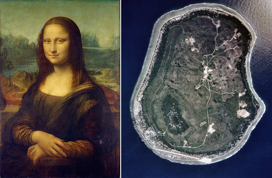 Leonardo da Vinci's 'Mona Lisa' (left) and an aerial photograph of the Pacific nation of Nauru (right).