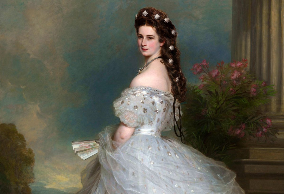 An 1865 portrait of Empress Elisabeth of Austria, displaying two of her iconic traits: her lustrous brown hair and her narrow, tightly corseted waist.