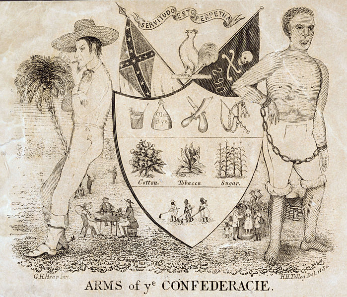 A northern cartoon satirizing a Confederate Coat of Arms. To the left of the shield are two men engaged in a duel (1862).