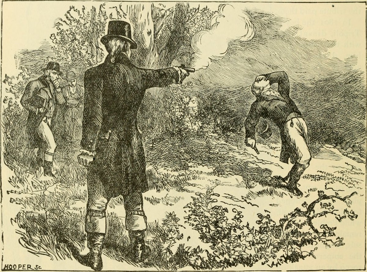 Illustration of the duel between Alexander Hamilton and Aaron Burr (1887).