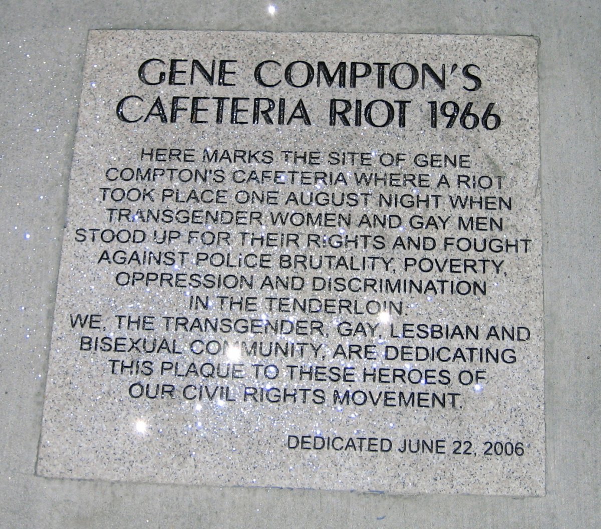 Monument to the LGBTQ participants of the Compton Cafeteria Riot.