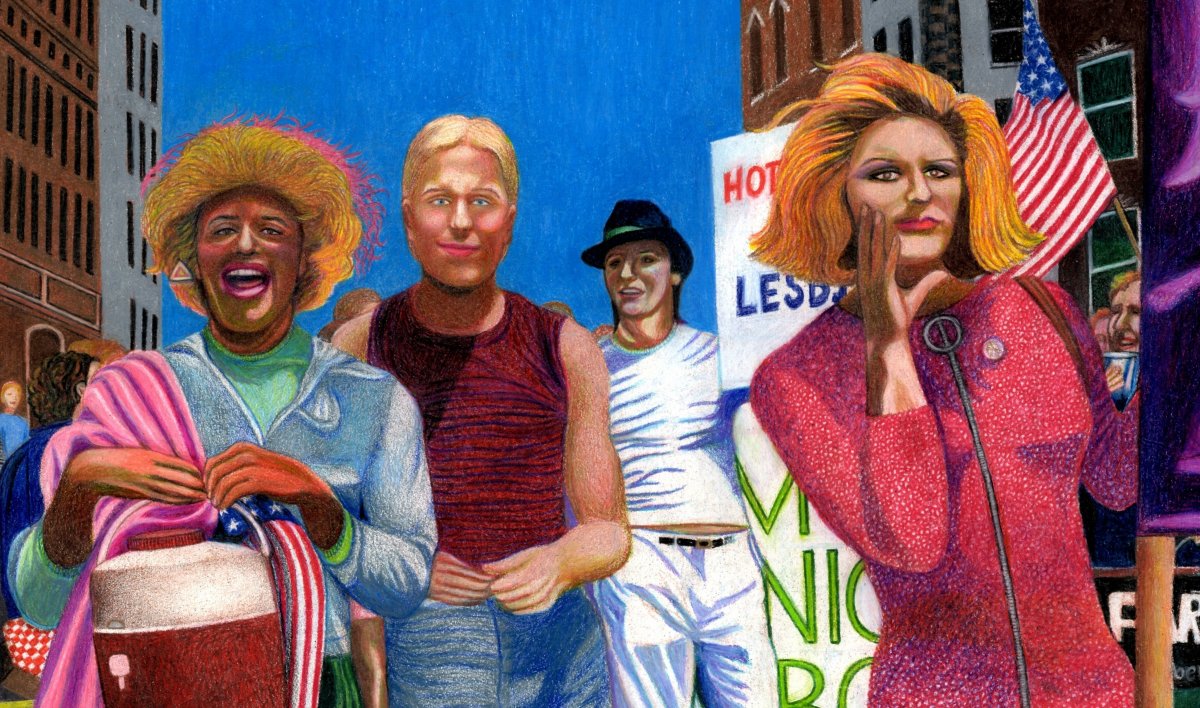 'Marsha P. Johnson, Joseph Ratanski, and Sylvia Rivera in the 1973 NYC Gay Pride Parade' by Gary LeGault.