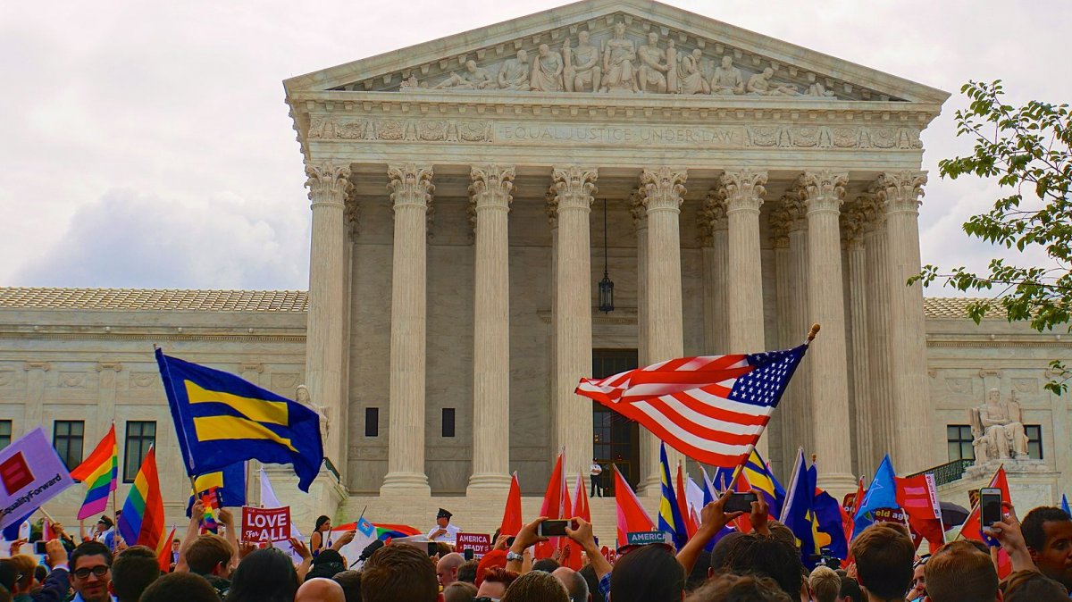 A crowd gathered outside the Supreme Court of the United States.