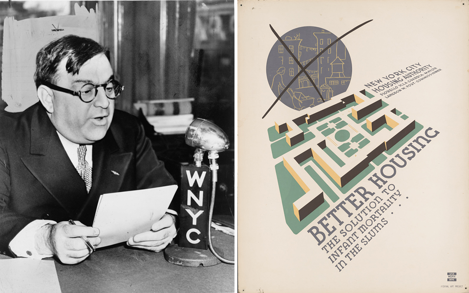 New York City mayor Fiorello H. LaGuardia speaks to the people of New York on his radio show in 1940 (left) and a New York City Housing Authority poster c.1936-1938 bearing Mayor LaGuardia's name (right).