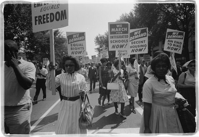 Protesters at the March on Washington, D.C. 1963 demanded civil rights and enforcement of the Fourteenth Amendment.