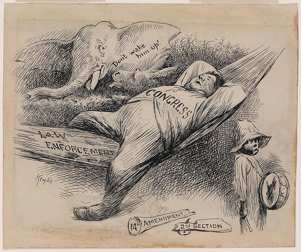 A 1902 political cartoon depicting the unwillingness of Congress to enforce the Fourteenth Amendment.