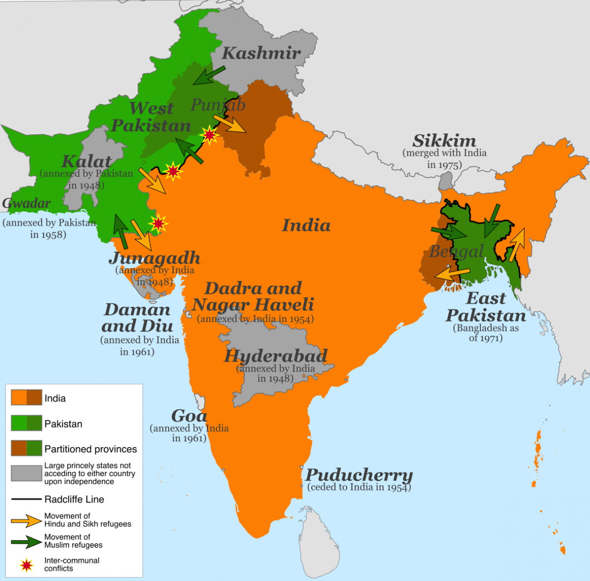 Map of the partition of India and Pakistan in 1947.