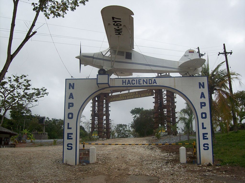 Entrance to Hacienda Napoles with a gate adorned with Escobar's first smuggling plane.