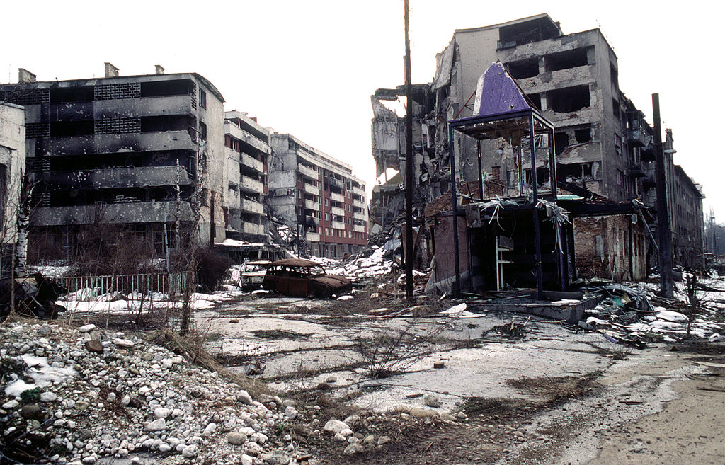 War-torn apartment buildings in Grbavica, Bosnia, 1995.