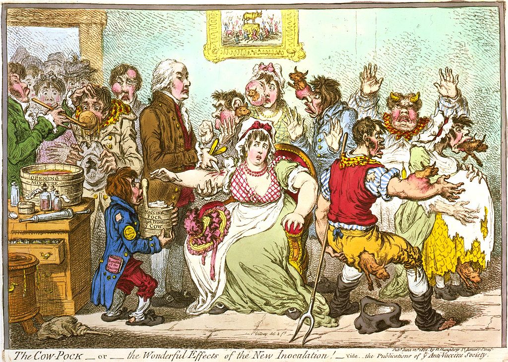 British cartoonist James Gillray satirizes Edward Jenner’s inoculation of the afflicted against cowpox in 1802, rendering them cow-like.