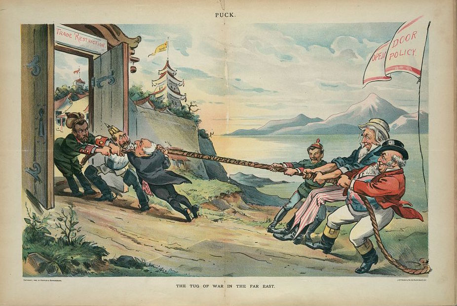 An 1898 cartoon depicting the U.S.’s Open Door Policy towards China.