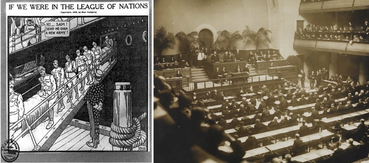 On the left, a 1920 political cartoon. On the right, the opening session of the League of Nations in 1920.