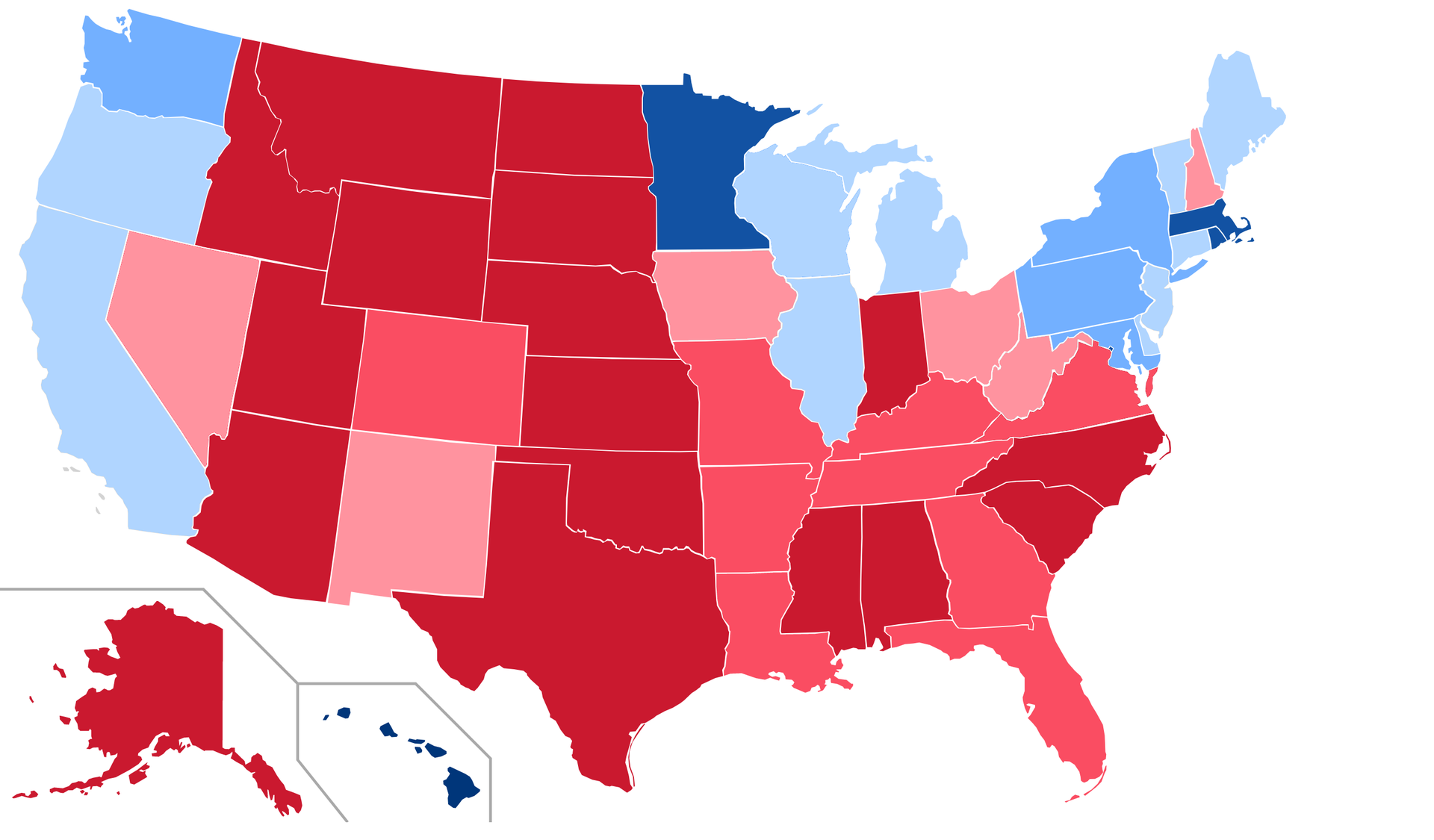 A map depicting the results of the presidential elections from 1968 to 2016.