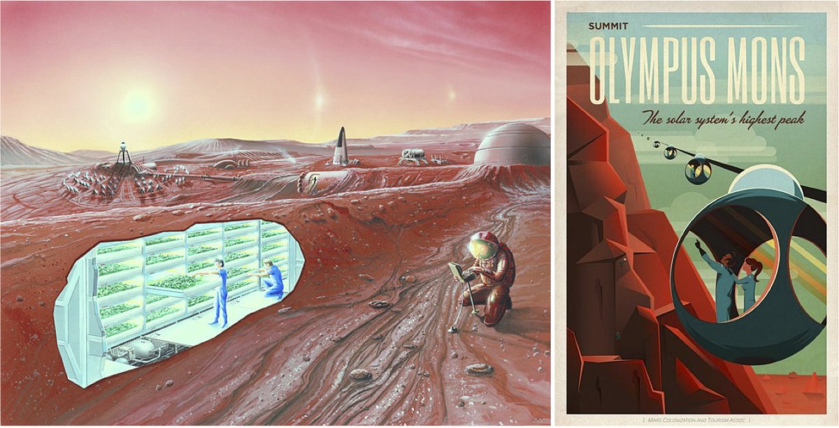 Concept art for a Mars settlement with a cutaway view of an underground habitat area for growing food (left) and a fictional Mars tourism poster commissioned by SpaceX in 2015 (right).