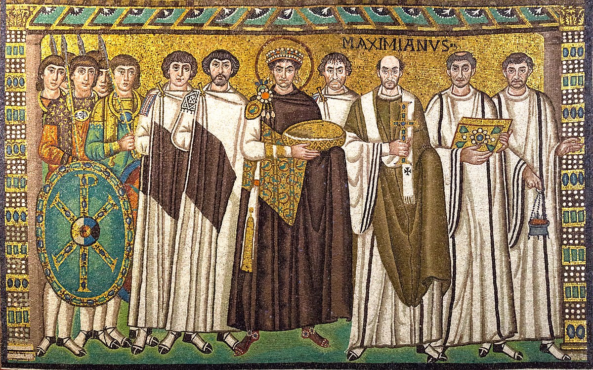 Mosaics from the apse in the Basilica of San Vitale, Ravenna. Justinian is the figure in the center.
