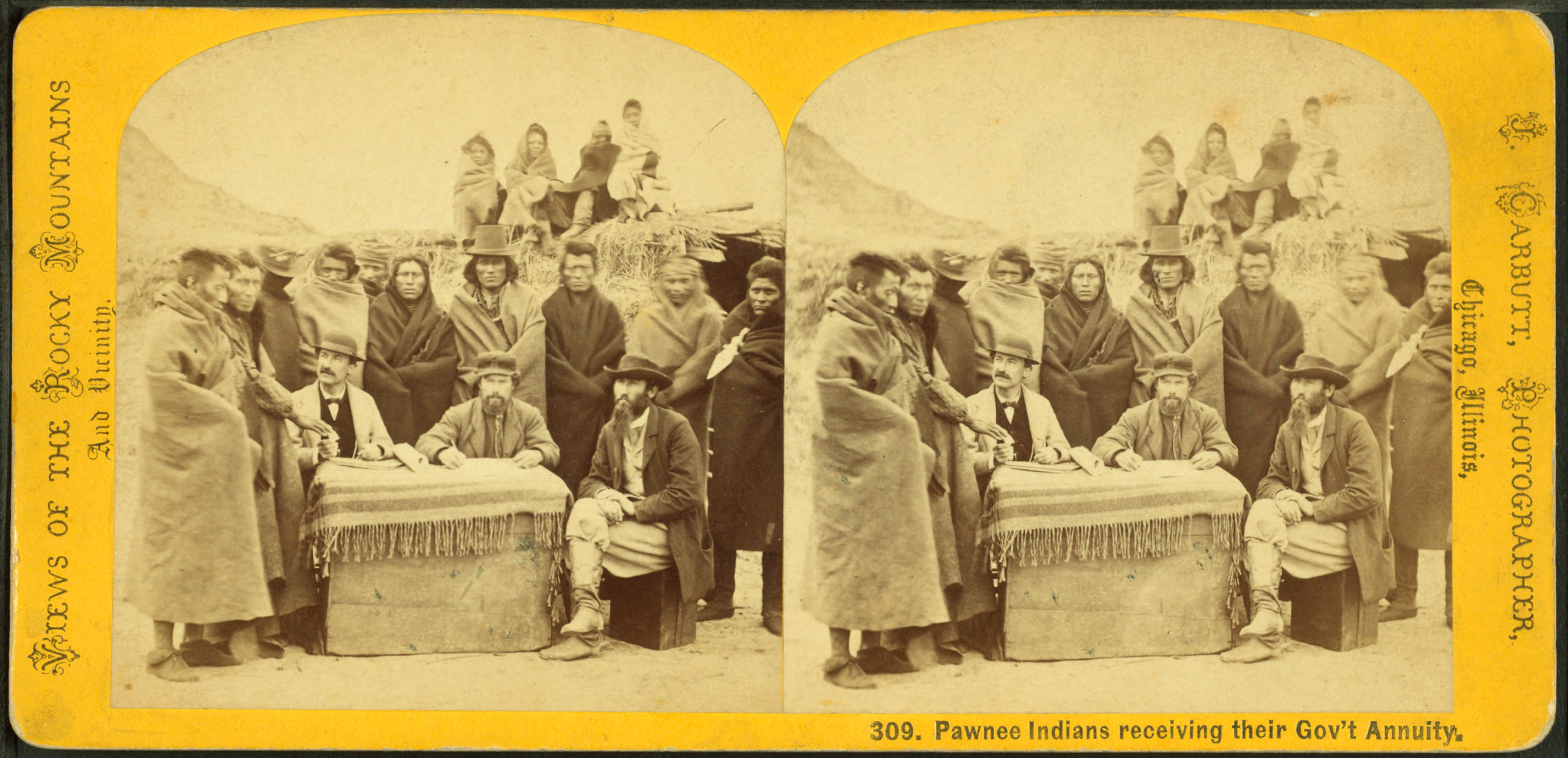 Pawnee Indians receiving a government annuity in the 1890s.