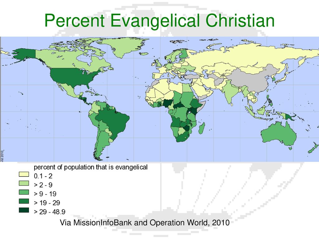 A 2010 map showing the percent of the population that is evangelical.