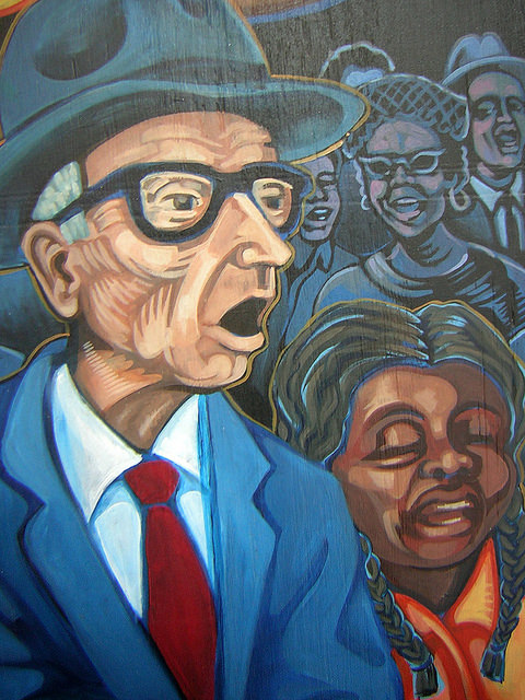 Close-up of the mural commemorating works of A.J. Muste.