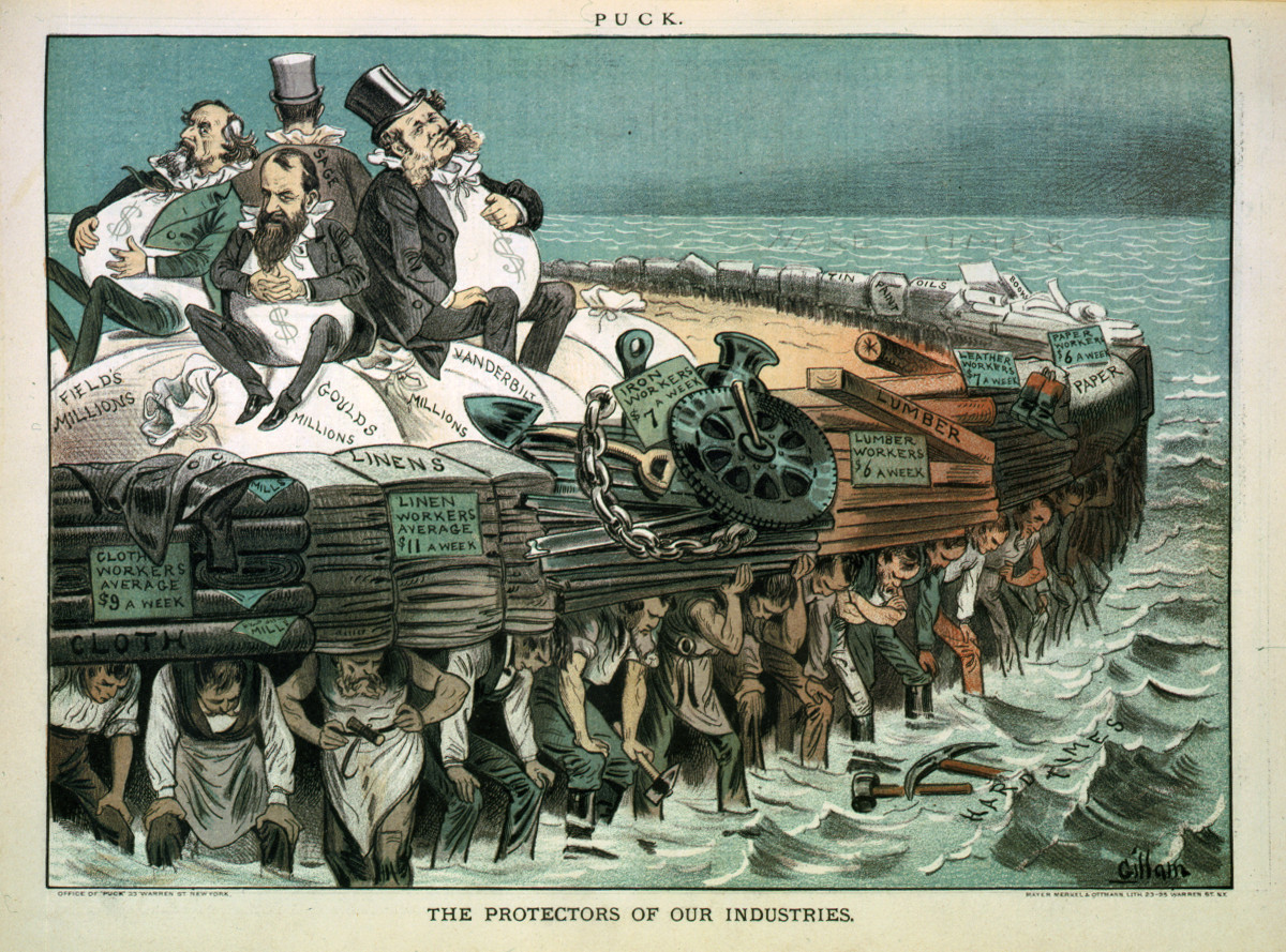 An 1883 political cartoon depicting industrialists atop their bagged wealth on a raft.