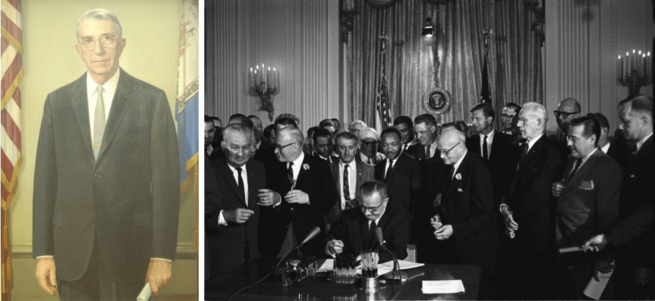 On the left, Democratic Congressman Howard K. Smith. On the right, President Lyndon Johnson signing the Civil Rights Act of 1964.