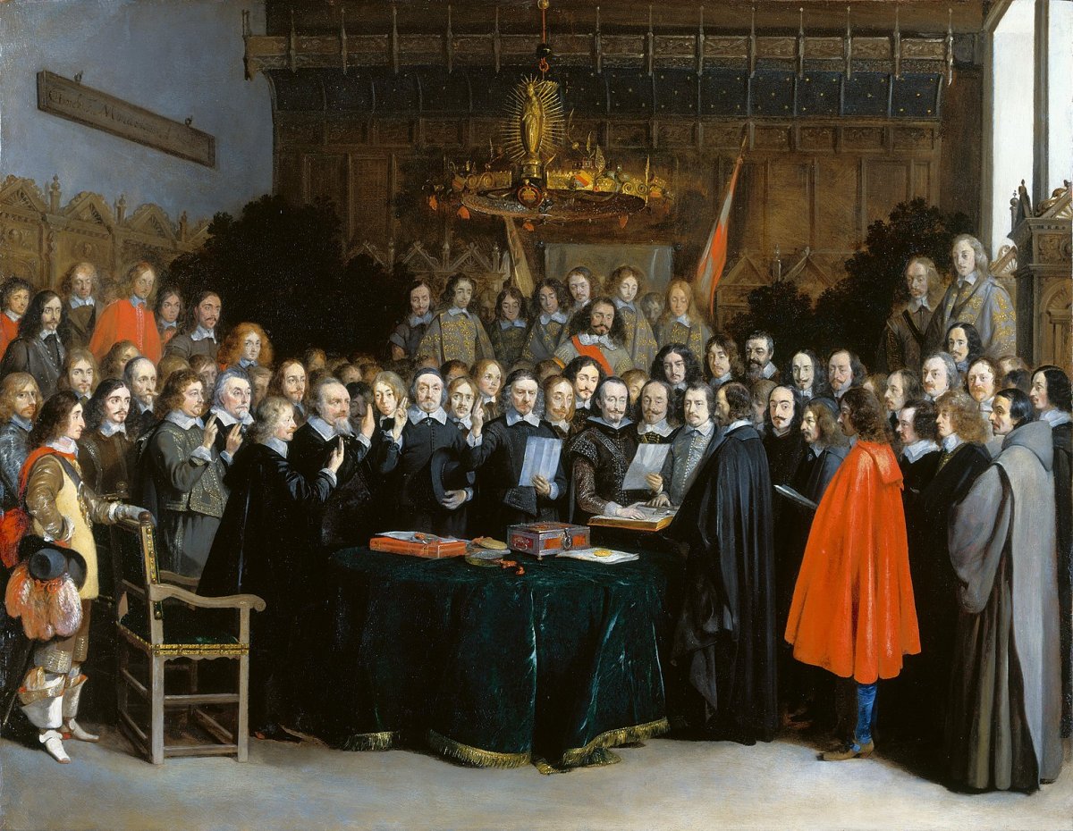 A painting by Gerard ter Borch of the ratification of the Treaty of Münster on May 15, 1648.