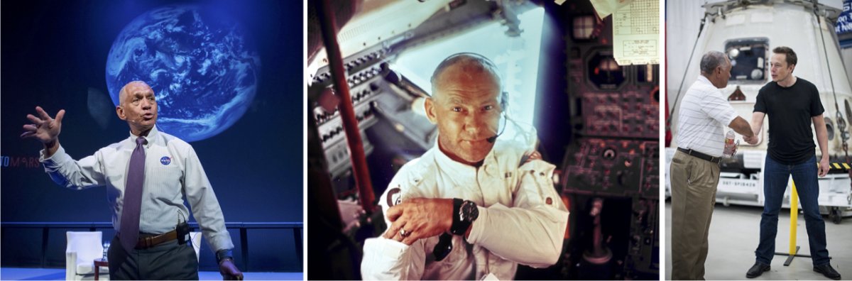 NASA Administrator Charles Bolden speaking to students in 2016 (left), astronaut Buzz Aldrin during a lunar landing mission in 1969 (middle), and Bolden congratulating SpaceX CEO Elon Musk in 2012 (right).