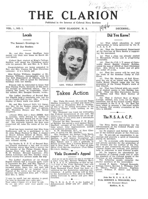 The front page of The Clarion detailed Viola Desmond's case.