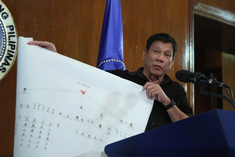 President Rodrigo Duterte presenting a chart supposedly illustrating a drug trade network.