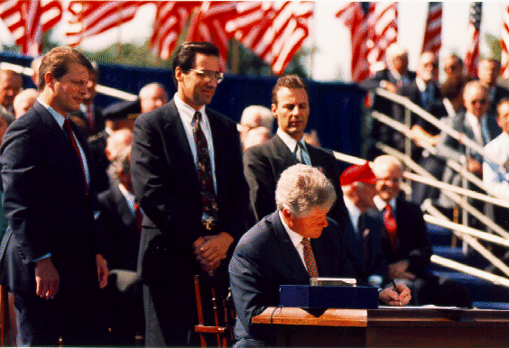 President Bill Clinton signing NAFTA in 1993.