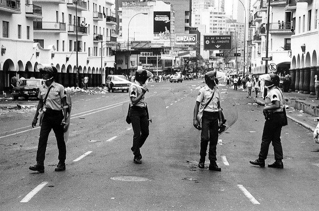 Police patrolling after the riots, known as Caracazo, in February and early March of 1989.