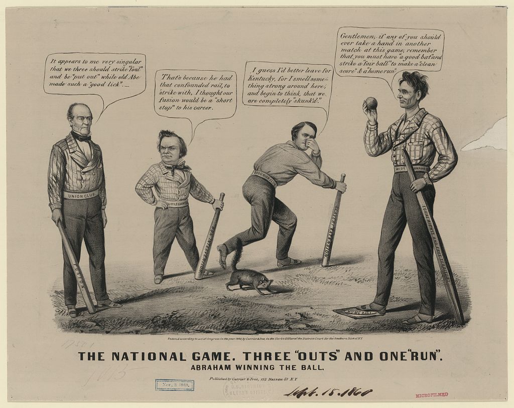 Cartoon of Lincoln defeating the three rival 1860 presidential candidates in a baseball game.