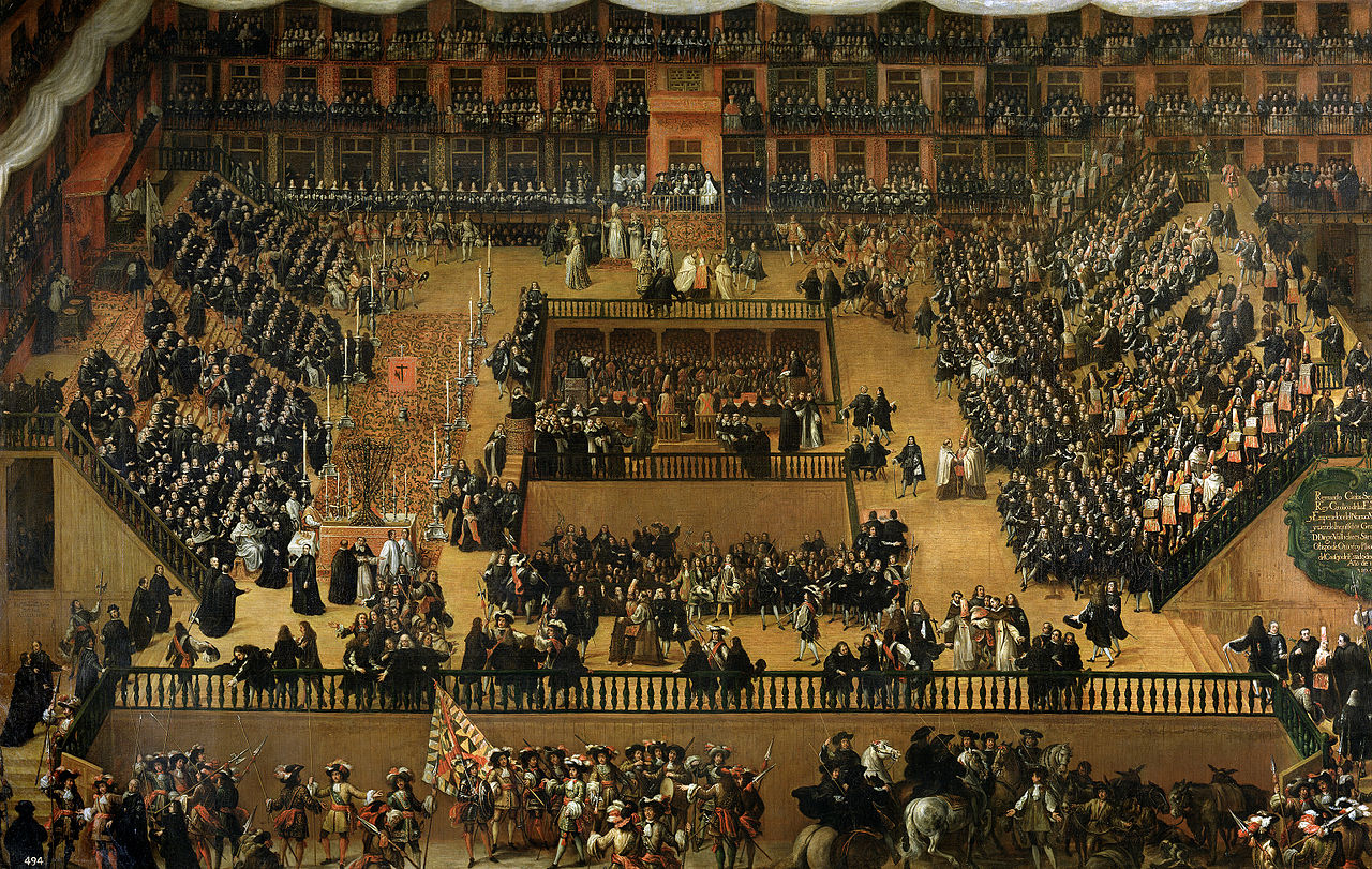 A 1683 Francisco Rizi painting of an Auto de Fe in Plaza Mayor, Madrid in 1680.