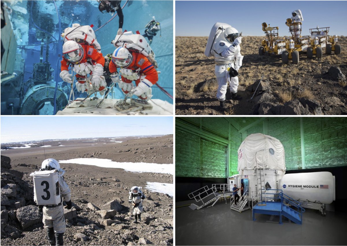 Astronauts practicing microgravity techniques (top left), an astronaut and geologist in Arizona testing a lunar rover in 2008 (top right), members of the Mars Research Society practicing in 2001 (bottom left), and the Human Exploration Research Analog at the Johnson Space Center in Texas (bottom right). 