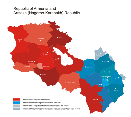 A map of the Republic of Armenia and Artsakh Republic.