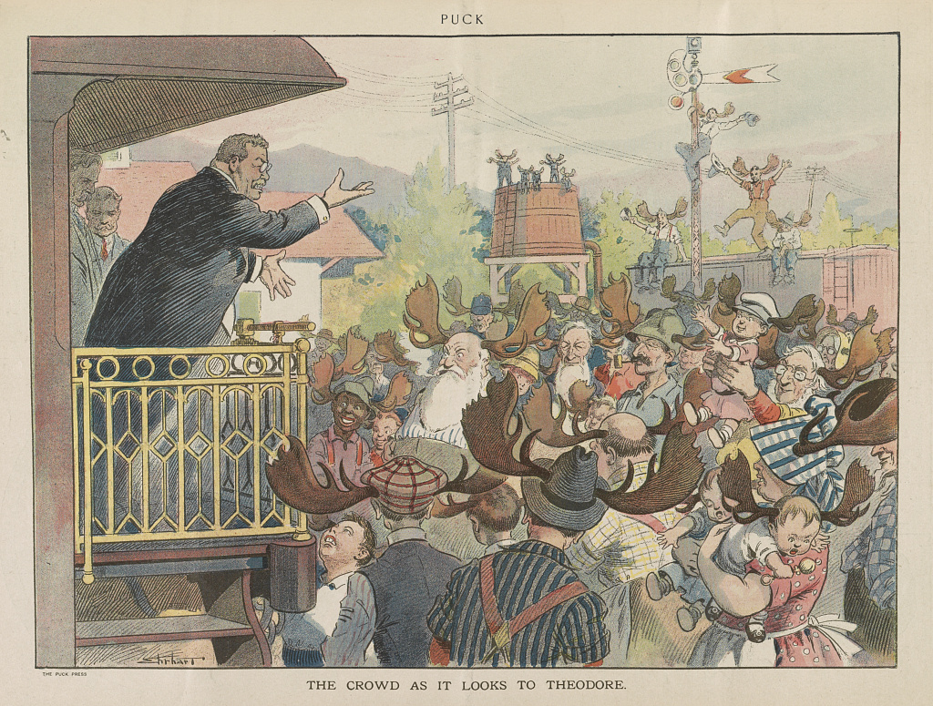 Samuel D. Ehrhart illustration of Theodore Roosevelt campaigning to 'Bull Moose' supporters.