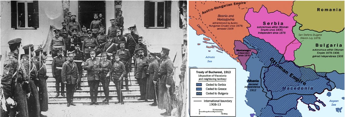 On the left, King George I of Greece and Tsar Ferdinand of Bulgaria. On the right, a map of the territorial changes from the Treaty of Bucharest.