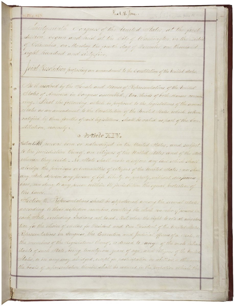 One page of the United States Constitution including the Fourteenth Amendment.