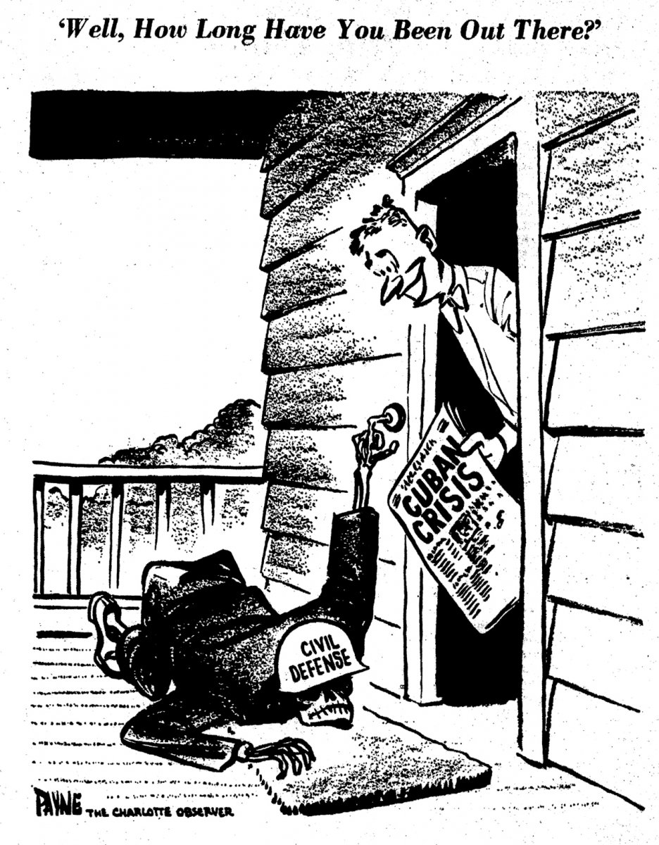 A political cartoon from the Charlotte Observer depicting the neglect of civil defense