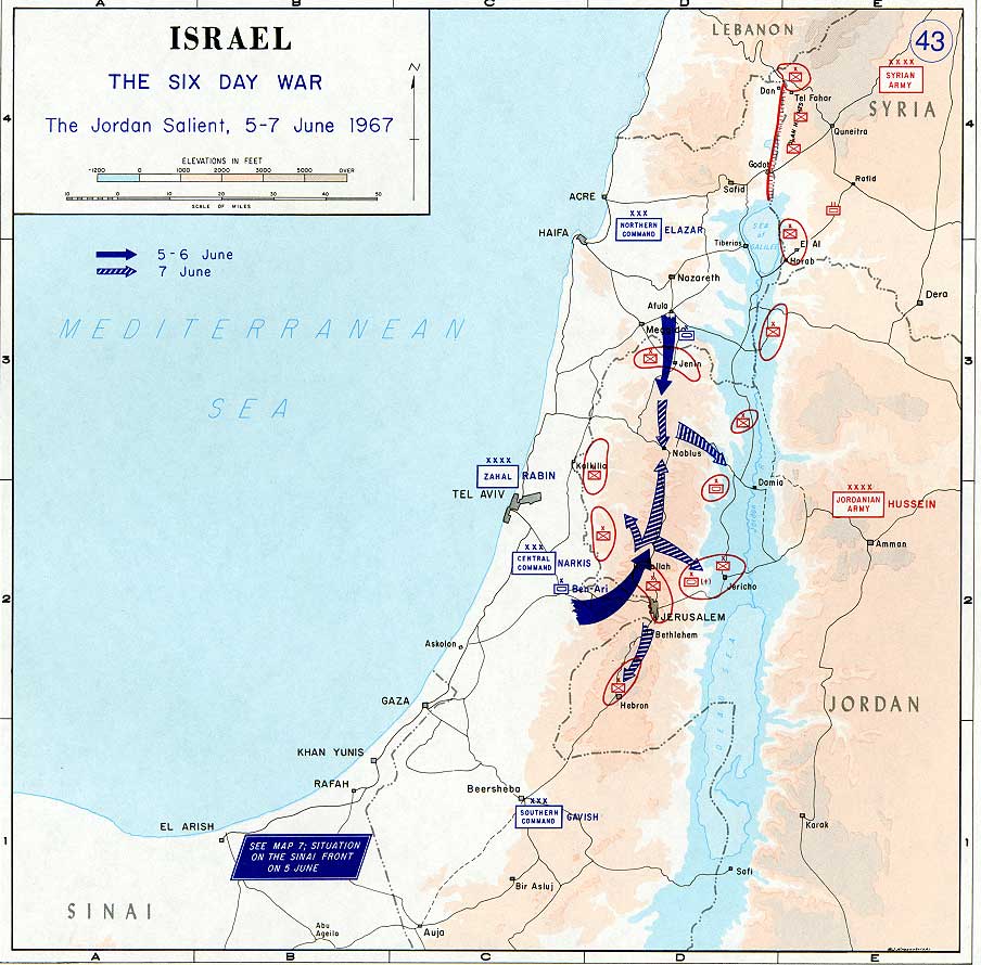 Map of Israeli movement into the Jordan salient June 5-7.