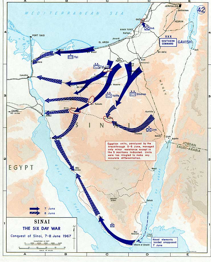 Map of Israeli movement into the Sinai Peninsula, June 7-8.