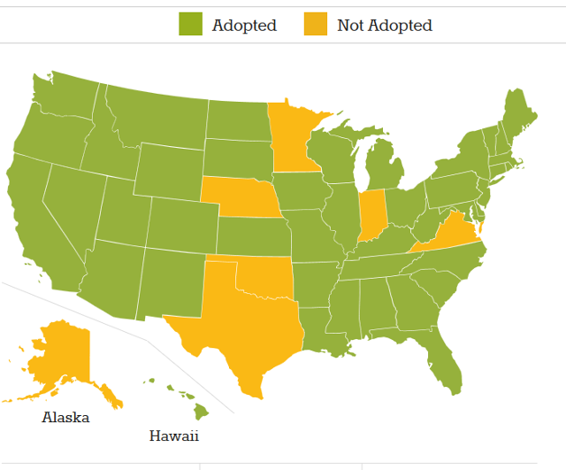 Map showing that 44 states have adopted both the math and language guidelines.