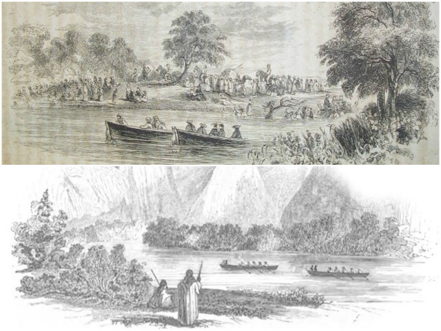 Top: Pilgrims bathing in the Jordan River. Bottom: Scene on the Jordan River