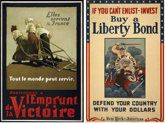A 1918 poster calling upon Canadians to buy Victory Bonds to support the war effort (left). A 1918 poster imploring Americans to buy Liberty Bonds (right).