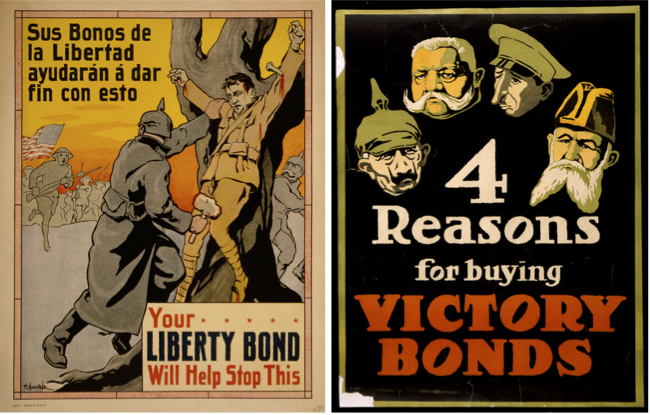 A 1917 poster printed by the U.S. government in the Philippines with English and Spanish text urging the purchase of Liberty Bonds (left). A 1917 Canadian poster with the caricatured heads of German leaders and military commanders (right).