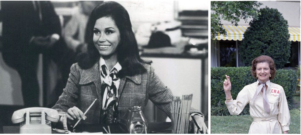 On the left, Mary Tyler Moore portraying Mary Richards. On the right, First Lady Betty Ford crossing her fingers and wearing a button in support of ratifying the ERA.