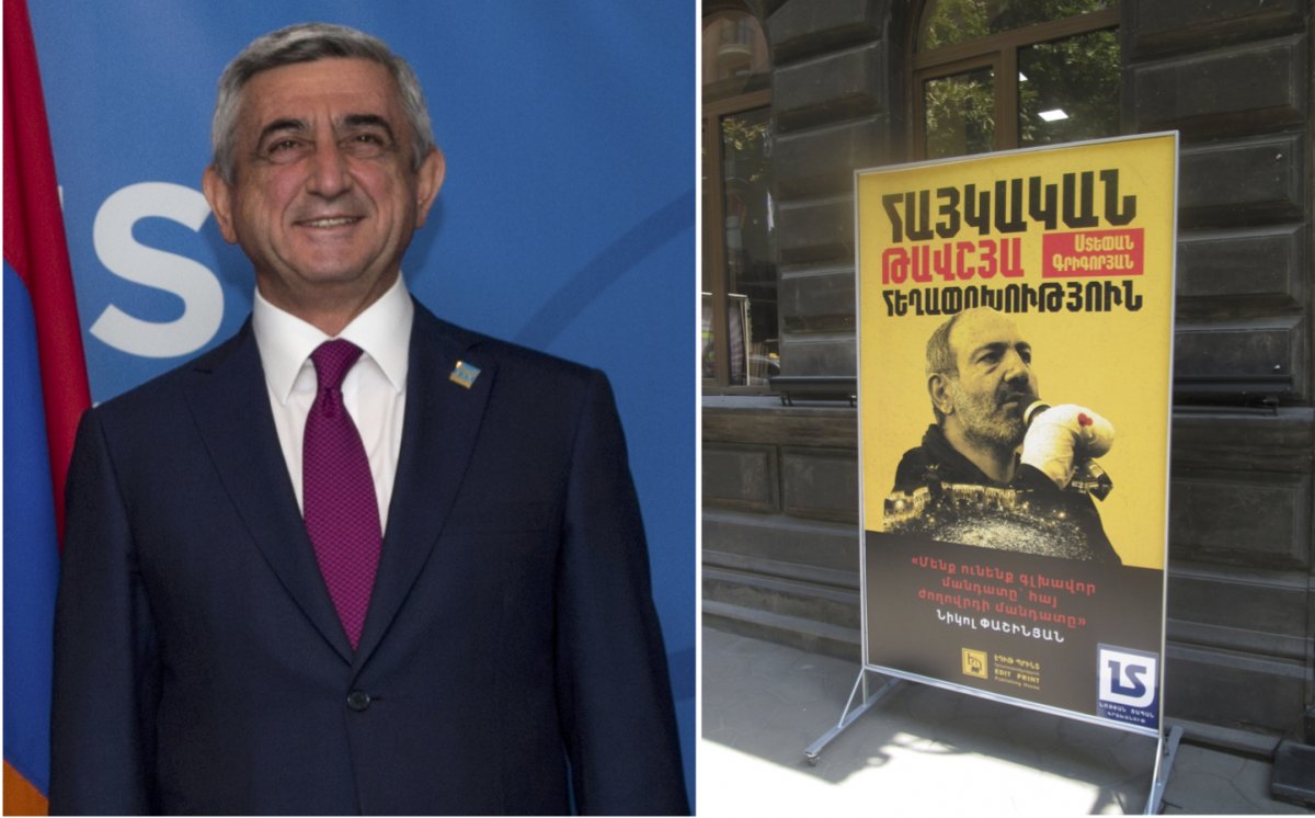 On the left, President Serzh Sargsyan at a NATO meeting. On the right, a poster featuring Armenian revolutionary leader and now Prime Minister Nikol Pashinyan.