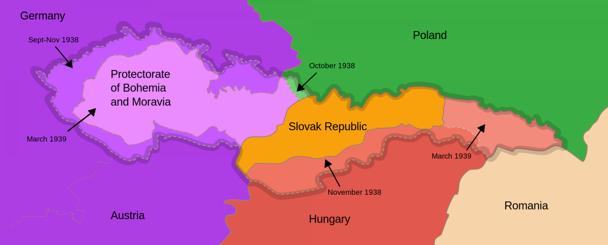 The purple shades that spill into the Protectorate of Bohemia and Moravia represent predominantly linguistically and ethnically German regions.